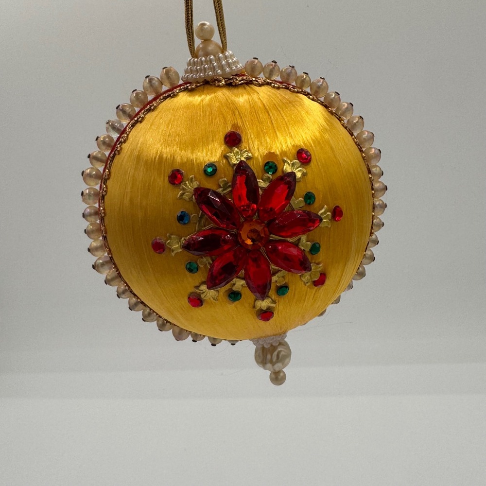 Vintage Handmade Satin Wrapped Christmas Ornament Yellow Red Rhinestone Pearl 3"